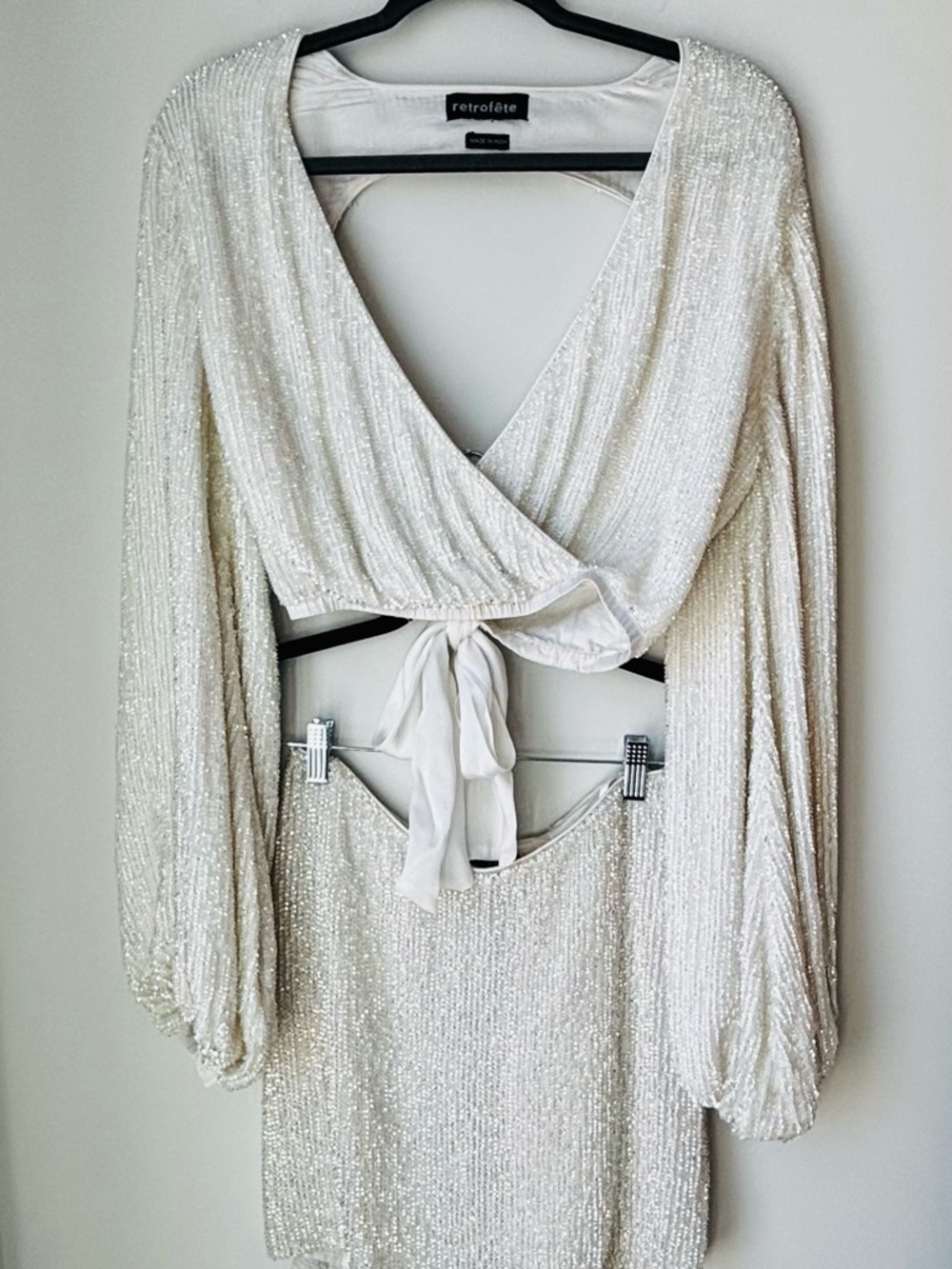 Retrofete Ivory Sequin Wrap Long-Sleeve Mini Dress